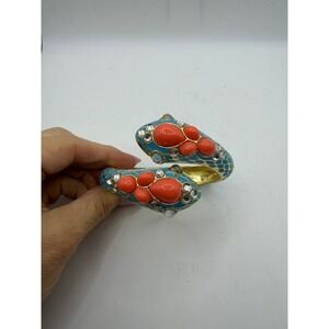 Turquoise Enamel Snake Bypass Bangle Bracelet Coral Rhinestone Gold Tone